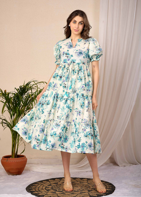 Off White Floral Printed Flared Dress for Women | LASVINI - Redefining Indian Fashion with Elegance