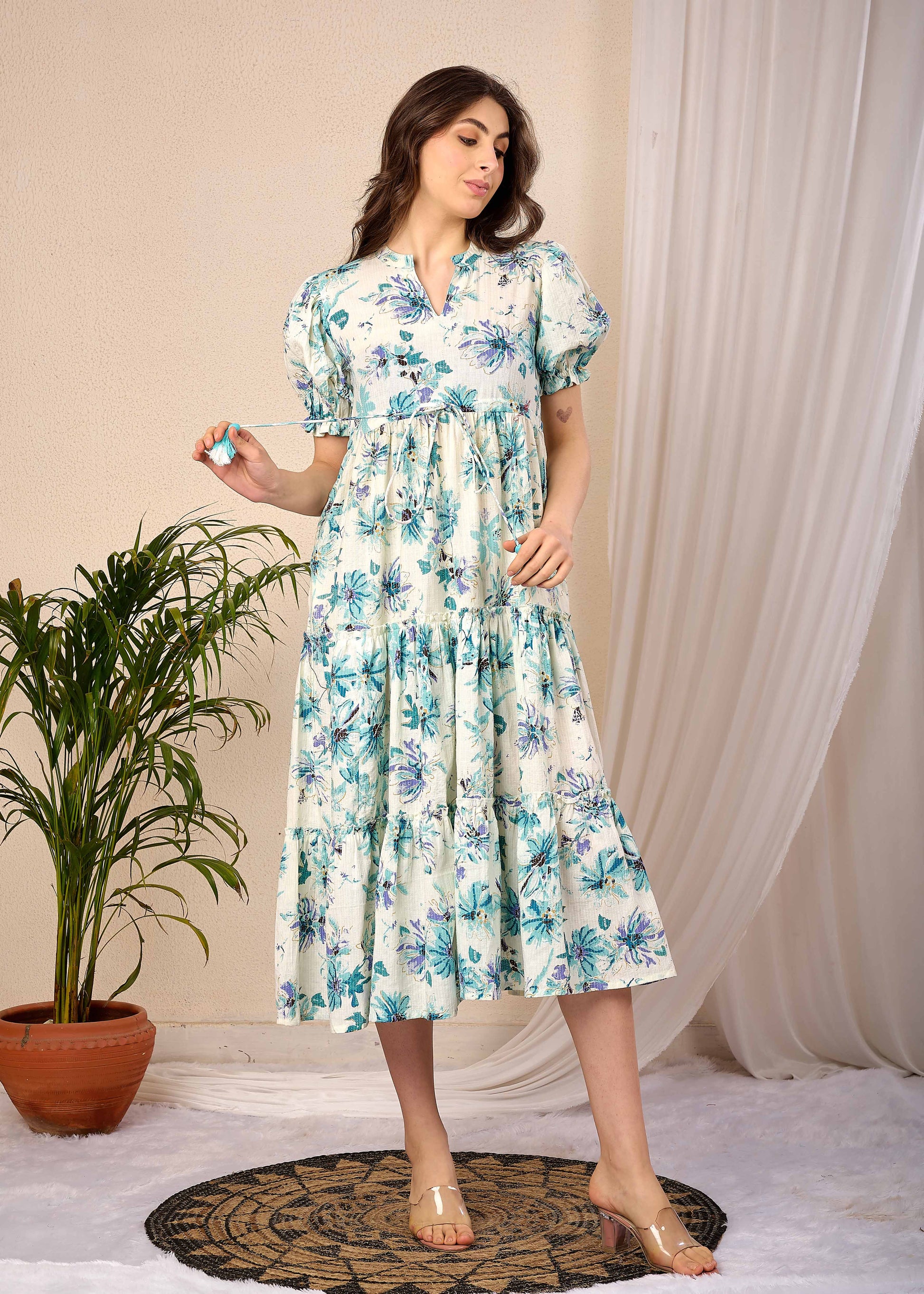 Off White Floral Printed Flared Dress for Women | LASVINI - Redefining Indian Fashion with Elegance