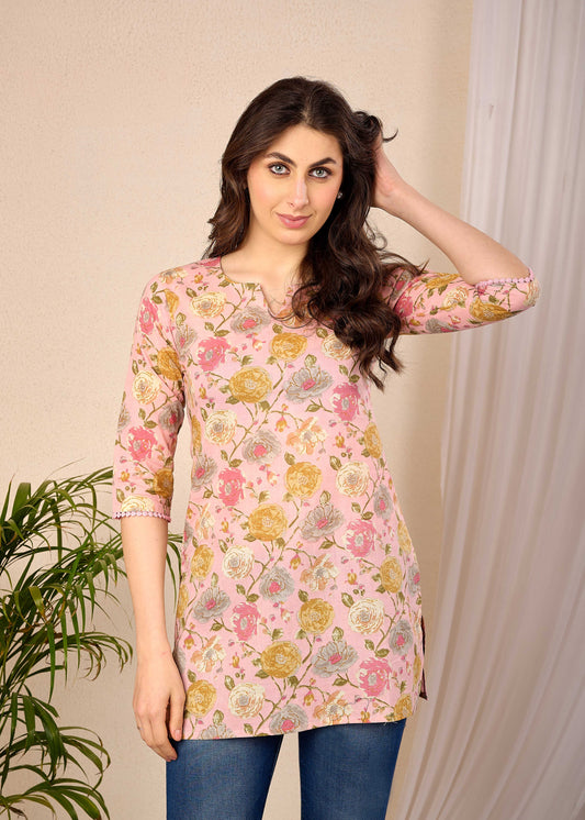 Women Pink Floral Printed Straight Tunic | LASVINI - Redefining Indian Fashion with Elegance