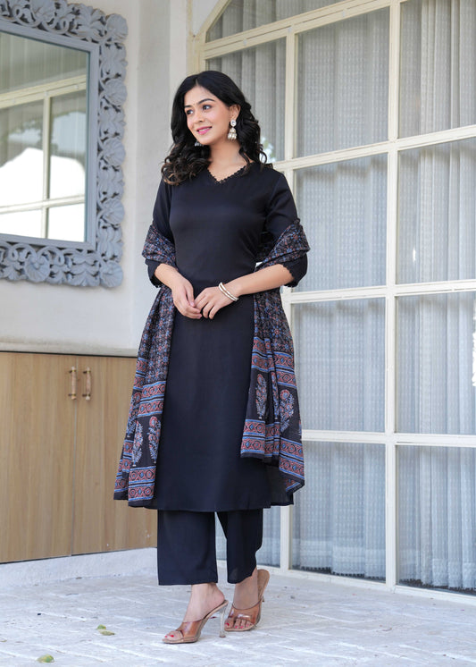 Black Straight Kurta Set With Printed Dupatta for Women | LASVINI - Redefining Indian Fashion with Elegance