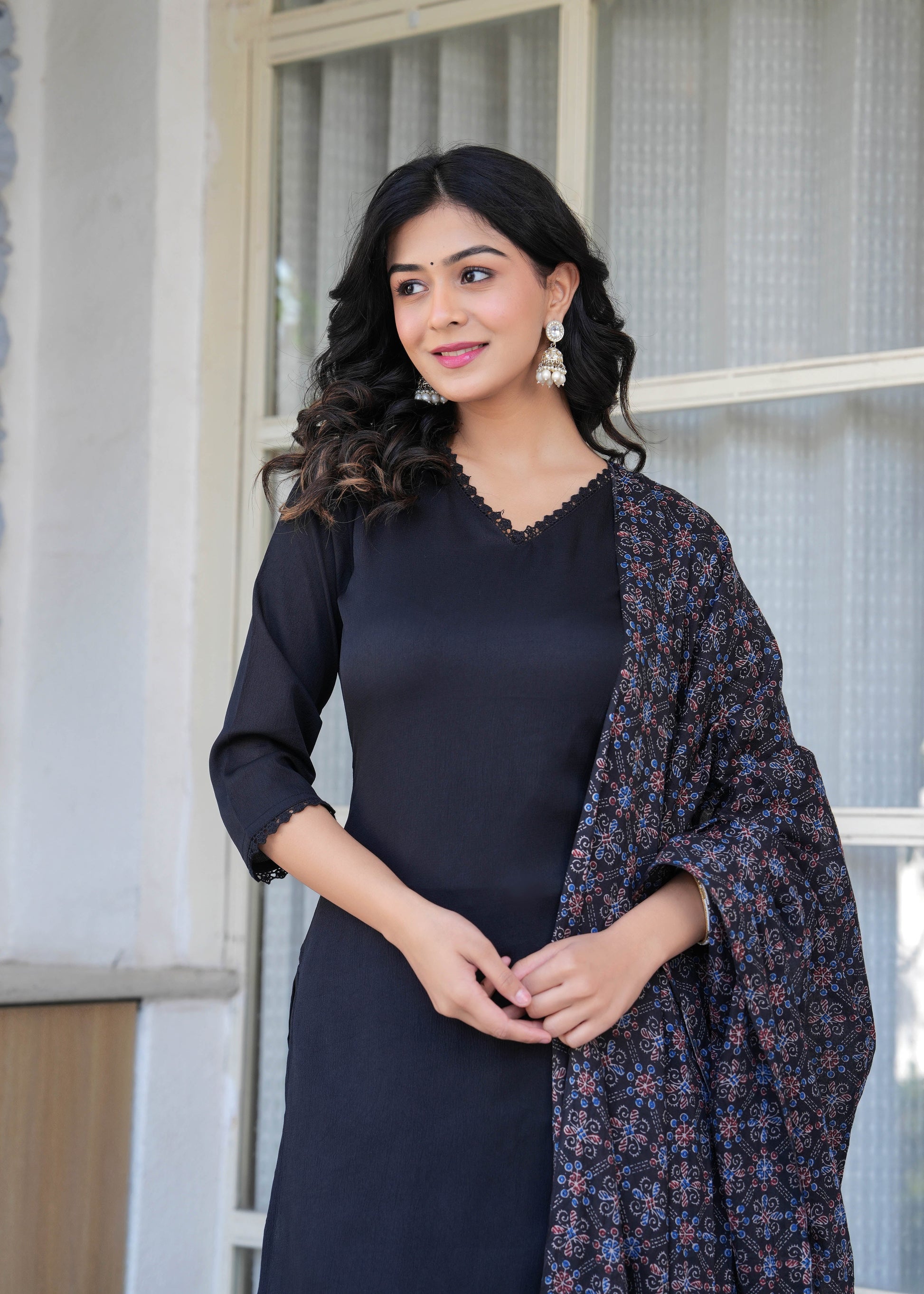 Black Straight Kurta Set With Printed Dupatta for Women | LASVINI - Redefining Indian Fashion with Elegance
