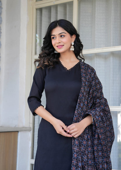 Black Straight Kurta Set With Printed Dupatta for Women | LASVINI - Redefining Indian Fashion with Elegance