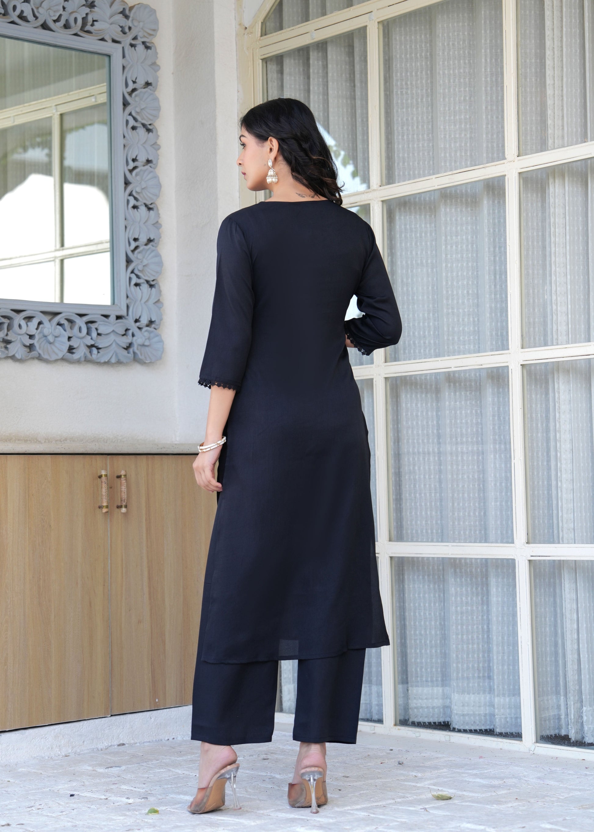 Black Straight Kurta Set With Printed Dupatta for Women | LASVINI - Redefining Indian Fashion with Elegance