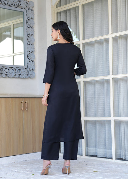 Black Straight Kurta Set With Printed Dupatta for Women | LASVINI - Redefining Indian Fashion with Elegance