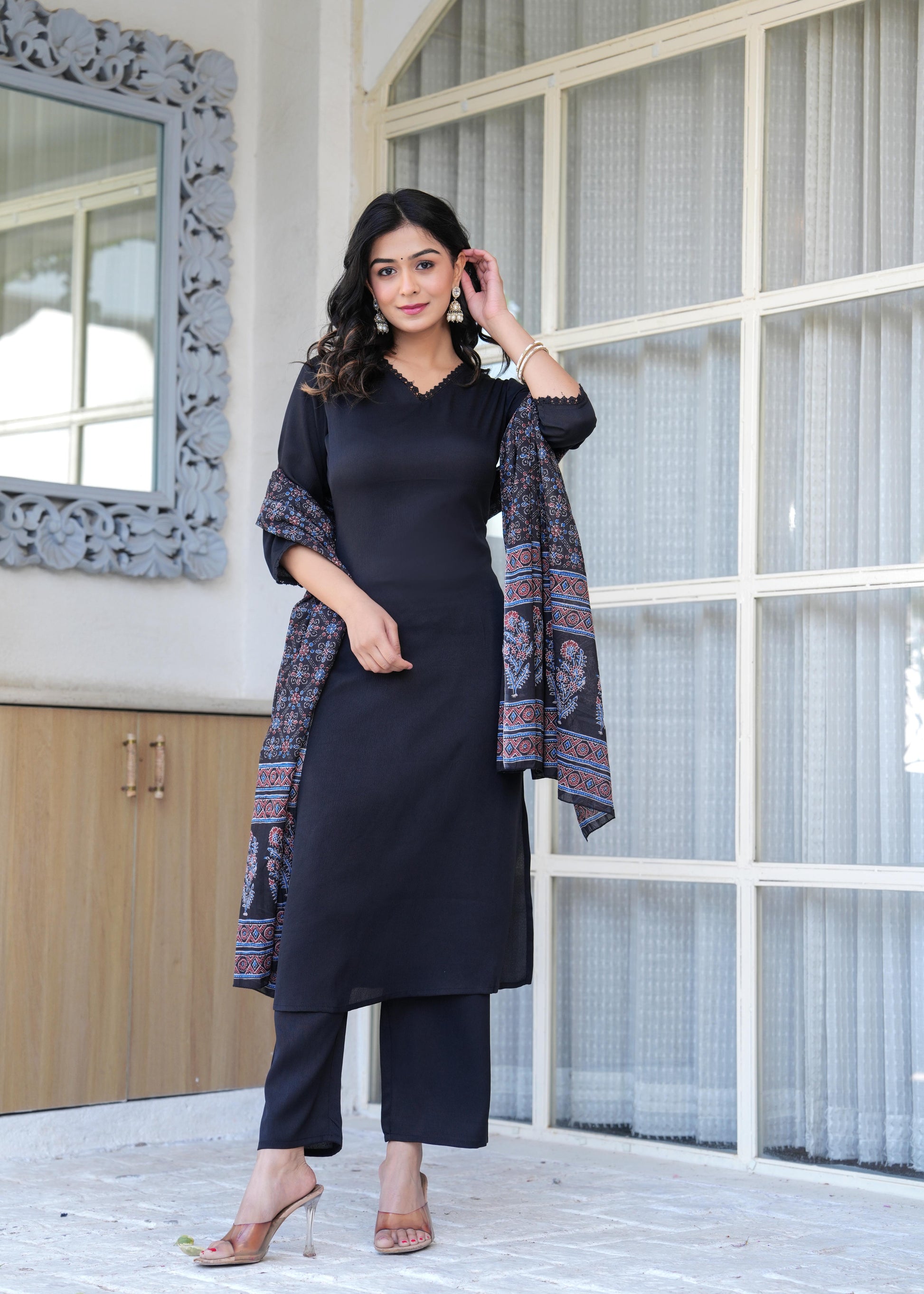 Black Straight Kurta Set With Printed Dupatta for Women | LASVINI - Redefining Indian Fashion with Elegance