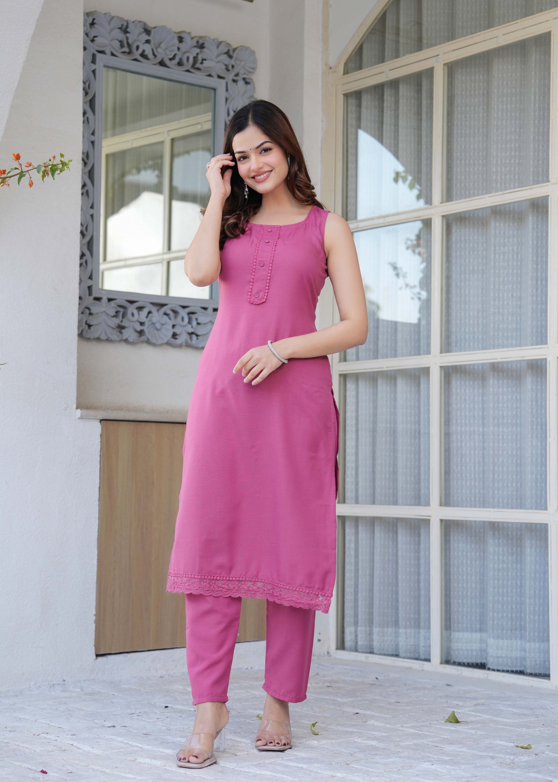 Mauve Solid Straight Kurta Set With Printed Dupatta for Women | LASVINI - Redefining Indian Fashion with Elegance