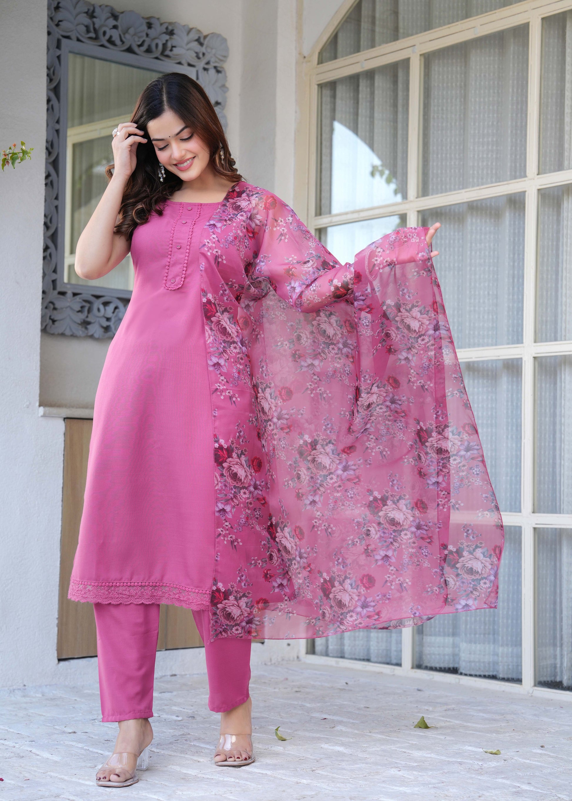 Mauve Solid Straight Kurta Set With Printed Dupatta for Women | LASVINI - Redefining Indian Fashion with Elegance