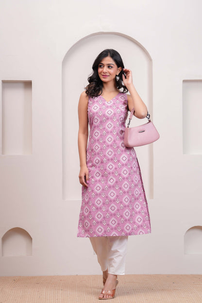 Mauve Printed Straight Sleeveless Kurta for Women | LASVINI - Redefining Indian Fashion with Elegance