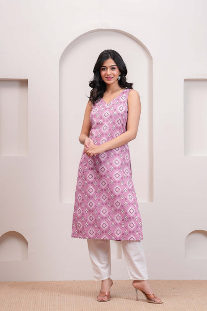 Mauve Printed Straight Sleeveless Kurta for Women | LASVINI - Redefining Indian Fashion with Elegance