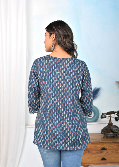 Women Blue Ethnic Printed Flared Tunic | LASVINI - Redefining Indian Fashion with Elegance