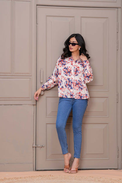 Women Off White Floral Printed Top | LASVINI - Redefining Indian Fashion with Elegance