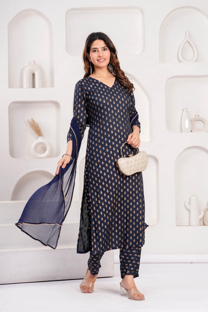 Navy Blue Printed Kurta Set With Solid Dupatta For Women | LASVINI - Redefining Indian Fashion with Elegance