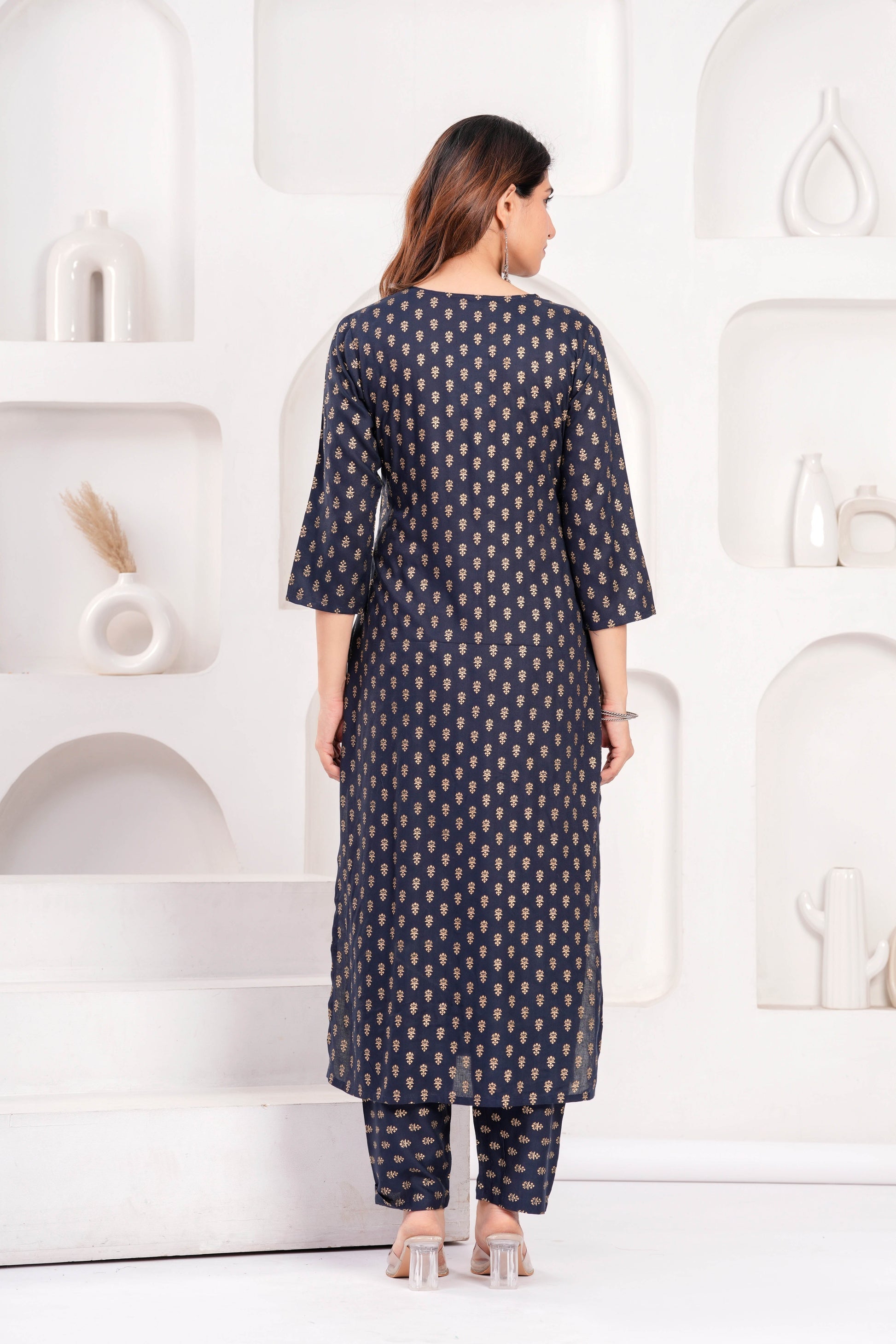 Navy Blue Printed Kurta Set With Solid Dupatta For Women | LASVINI - Redefining Indian Fashion with Elegance