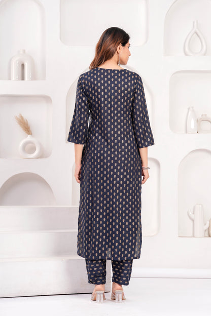Navy Blue Printed Kurta Set With Solid Dupatta For Women | LASVINI - Redefining Indian Fashion with Elegance