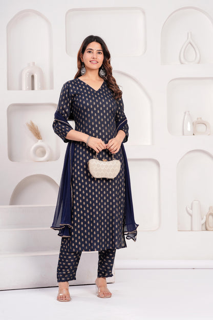 Navy Blue Printed Kurta Set With Solid Dupatta For Women | LASVINI - Redefining Indian Fashion with Elegance