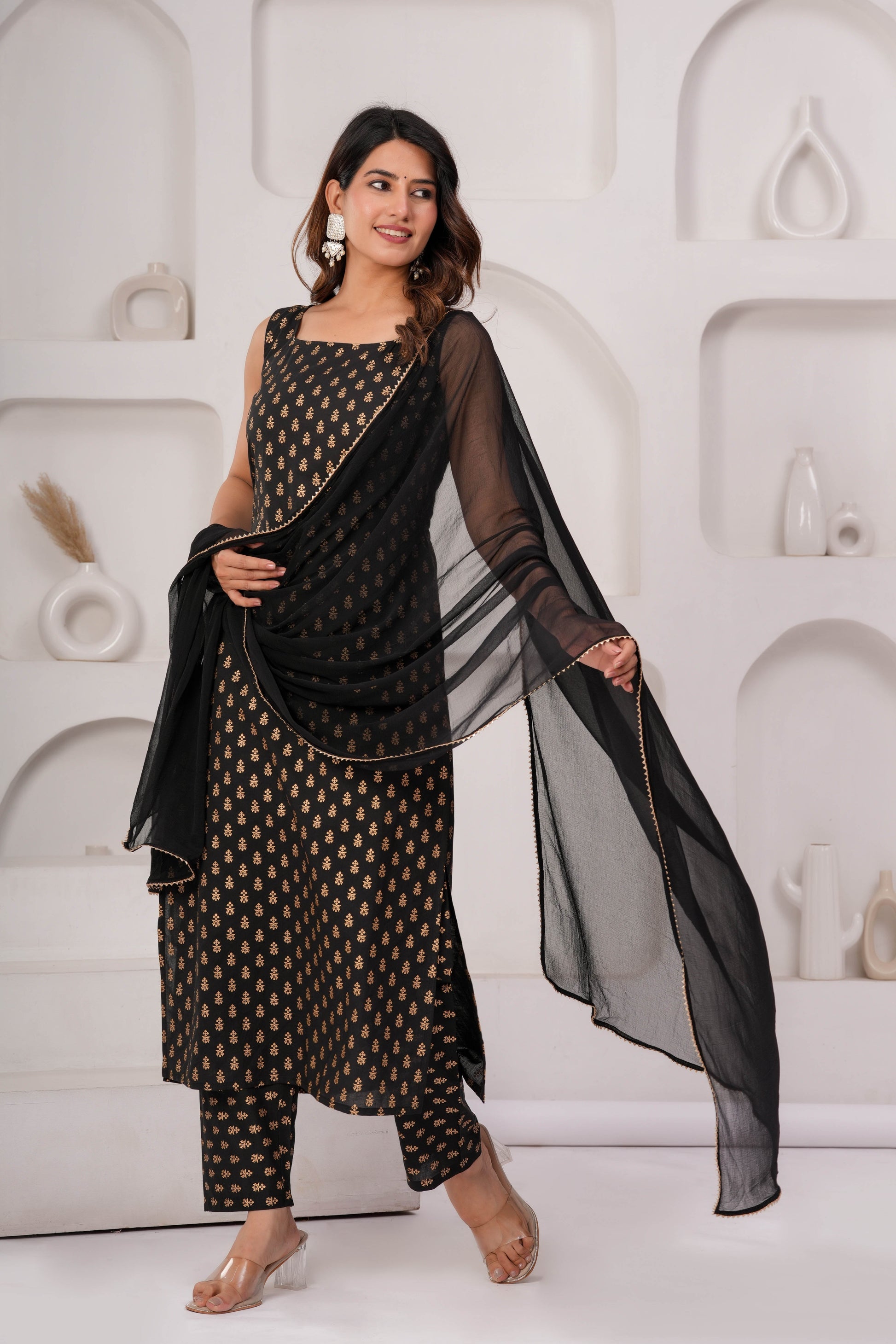Black Printed Kurta Set With Solid Dupatta For Women | LASVINI - Redefining Indian Fashion with Elegance