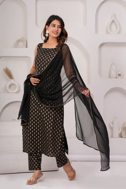 Black Printed Kurta Set With Solid Dupatta For Women | LASVINI - Redefining Indian Fashion with Elegance