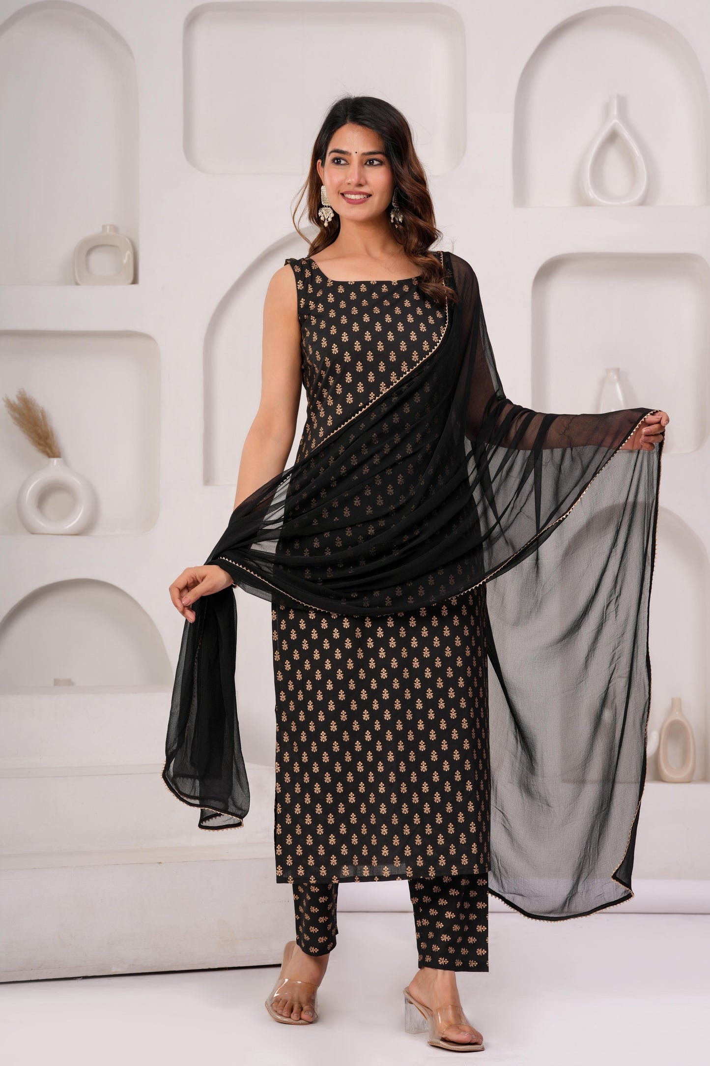 Black Printed Kurta Set With Solid Dupatta For Women | LASVINI - Redefining Indian Fashion with Elegance