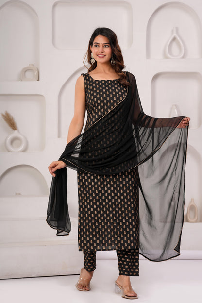 Black Printed Kurta Set With Solid Dupatta For Women | LASVINI - Redefining Indian Fashion with Elegance