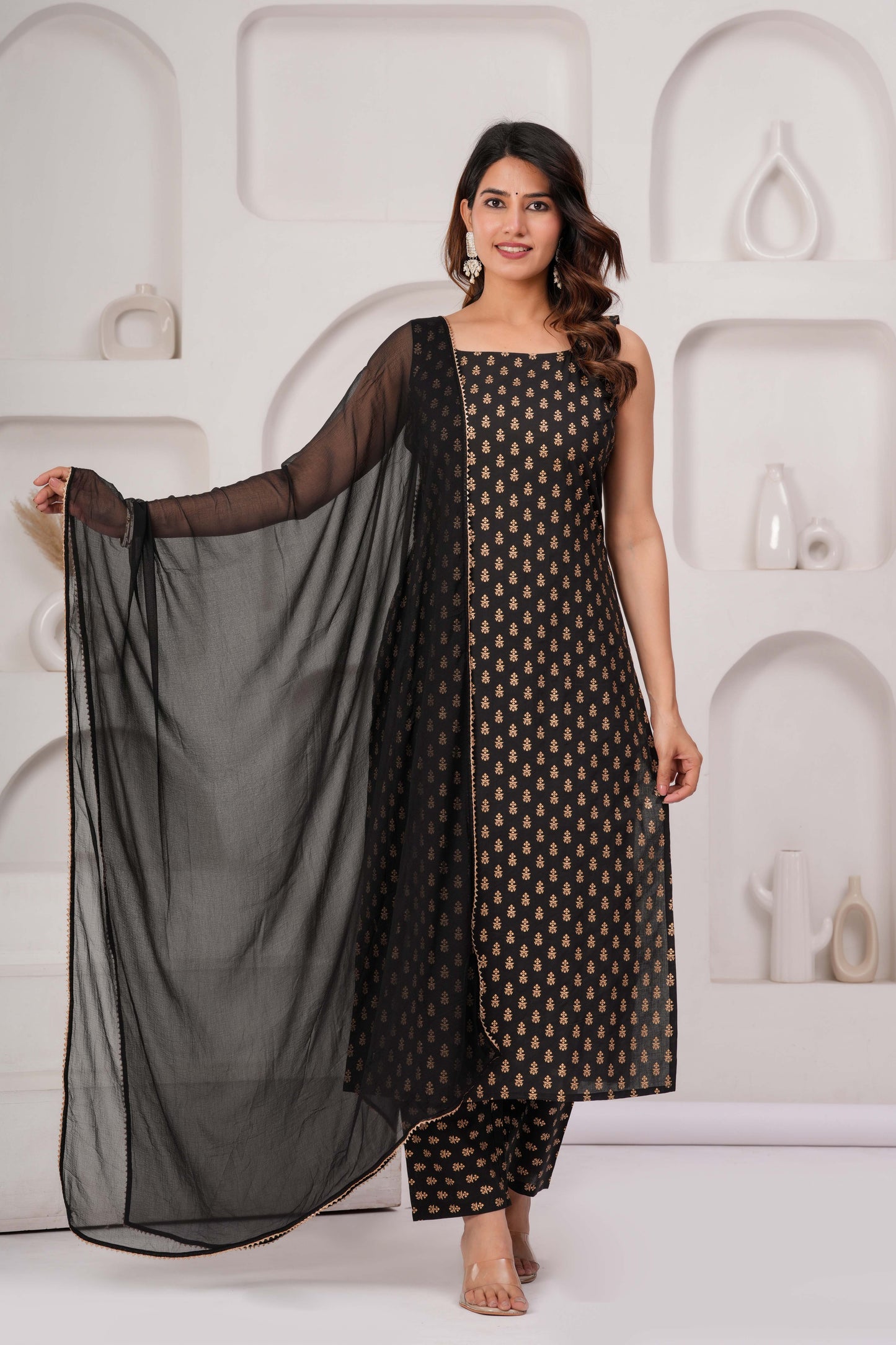 Black Printed Kurta Set With Solid Dupatta For Women | LASVINI - Redefining Indian Fashion with Elegance