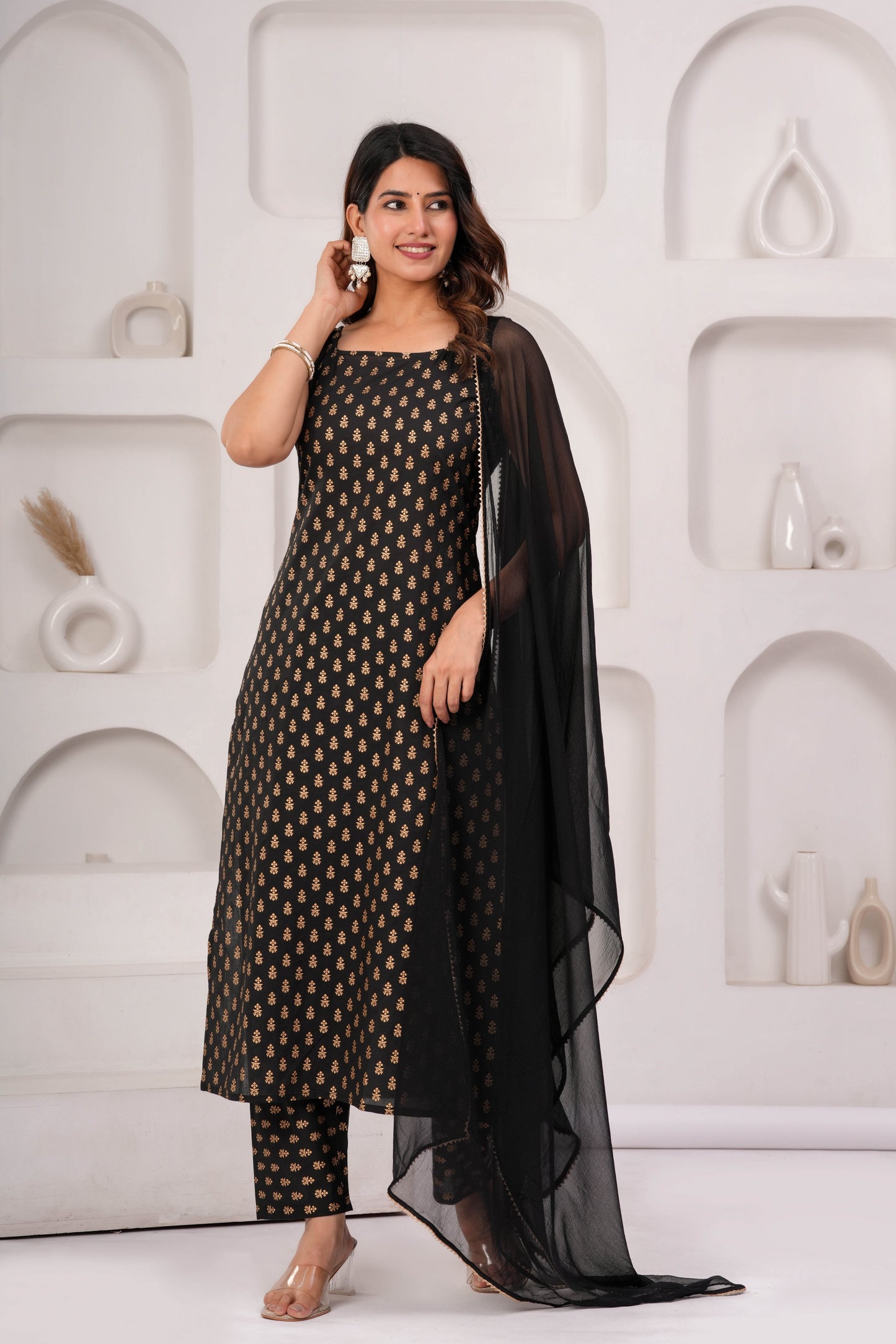 Black Printed Kurta Set With Solid Dupatta For Women | LASVINI - Redefining Indian Fashion with Elegance