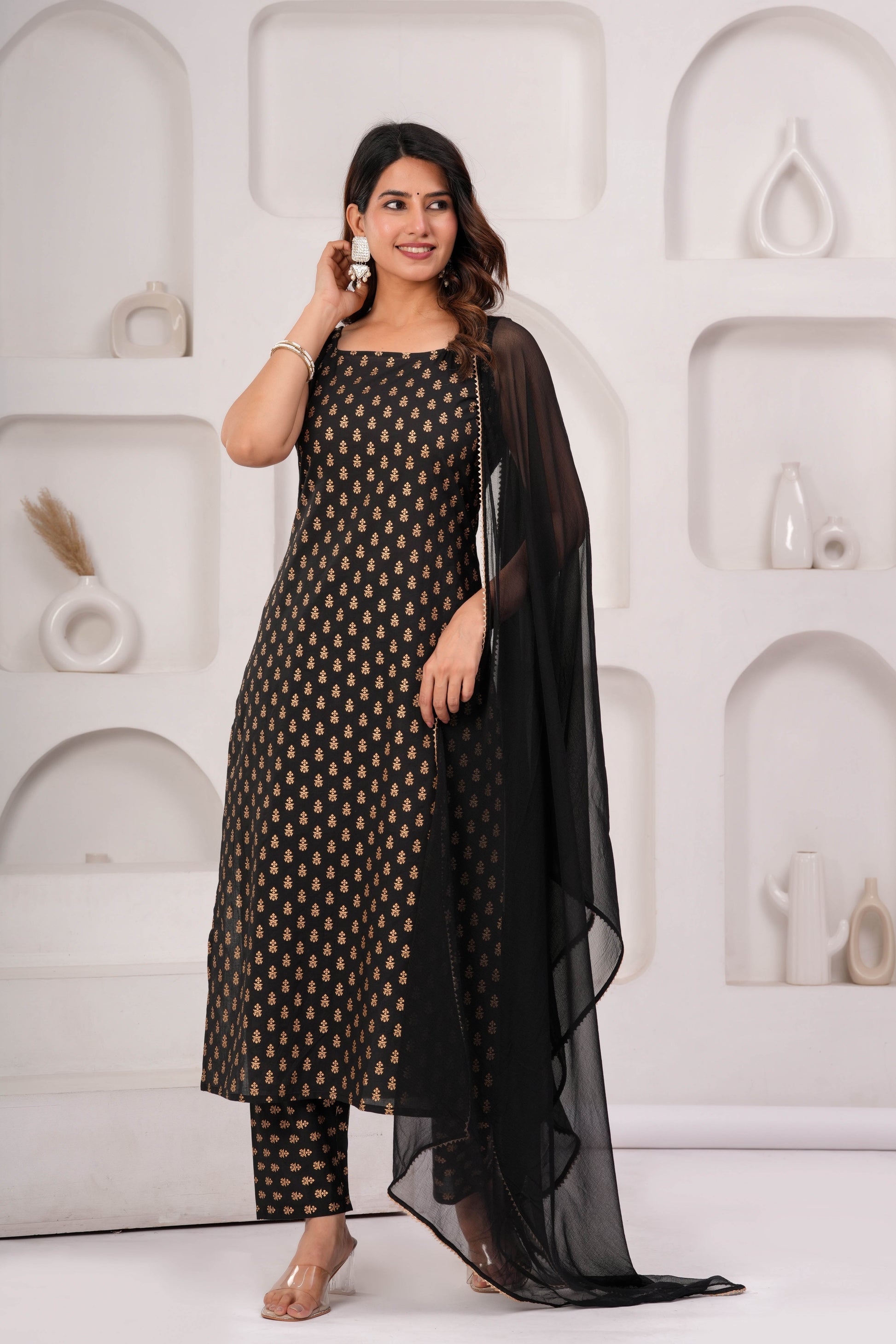Black Printed Kurta Set With Solid Dupatta For Women | LASVINI - Redefining Indian Fashion with Elegance