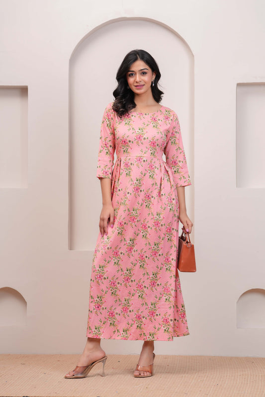 Peach Floral Printed Flared Dress for Women | LASVINI - Redefining Indian Fashion with Elegance
