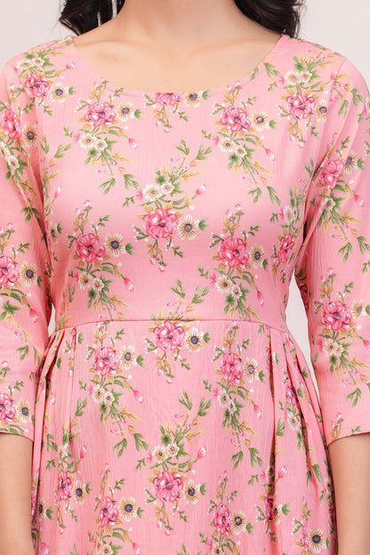 Peach Floral Printed Flared Dress for Women | LASVINI - Redefining Indian Fashion with Elegance