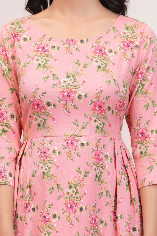 Peach Floral Printed Flared Dress for Women | LASVINI - Redefining Indian Fashion with Elegance