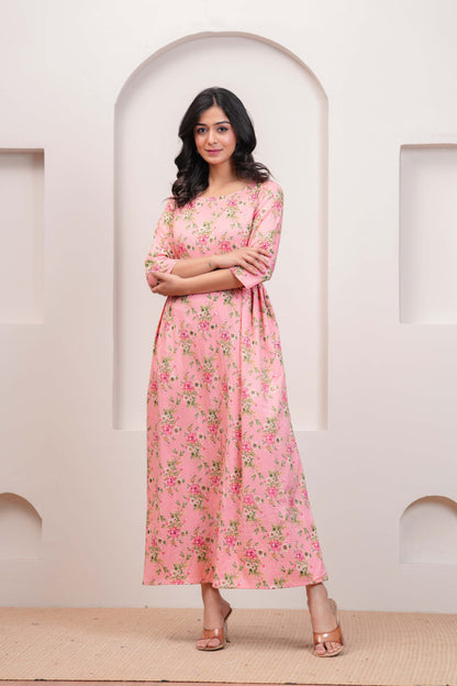Peach Floral Printed Flared Dress for Women | LASVINI - Redefining Indian Fashion with Elegance