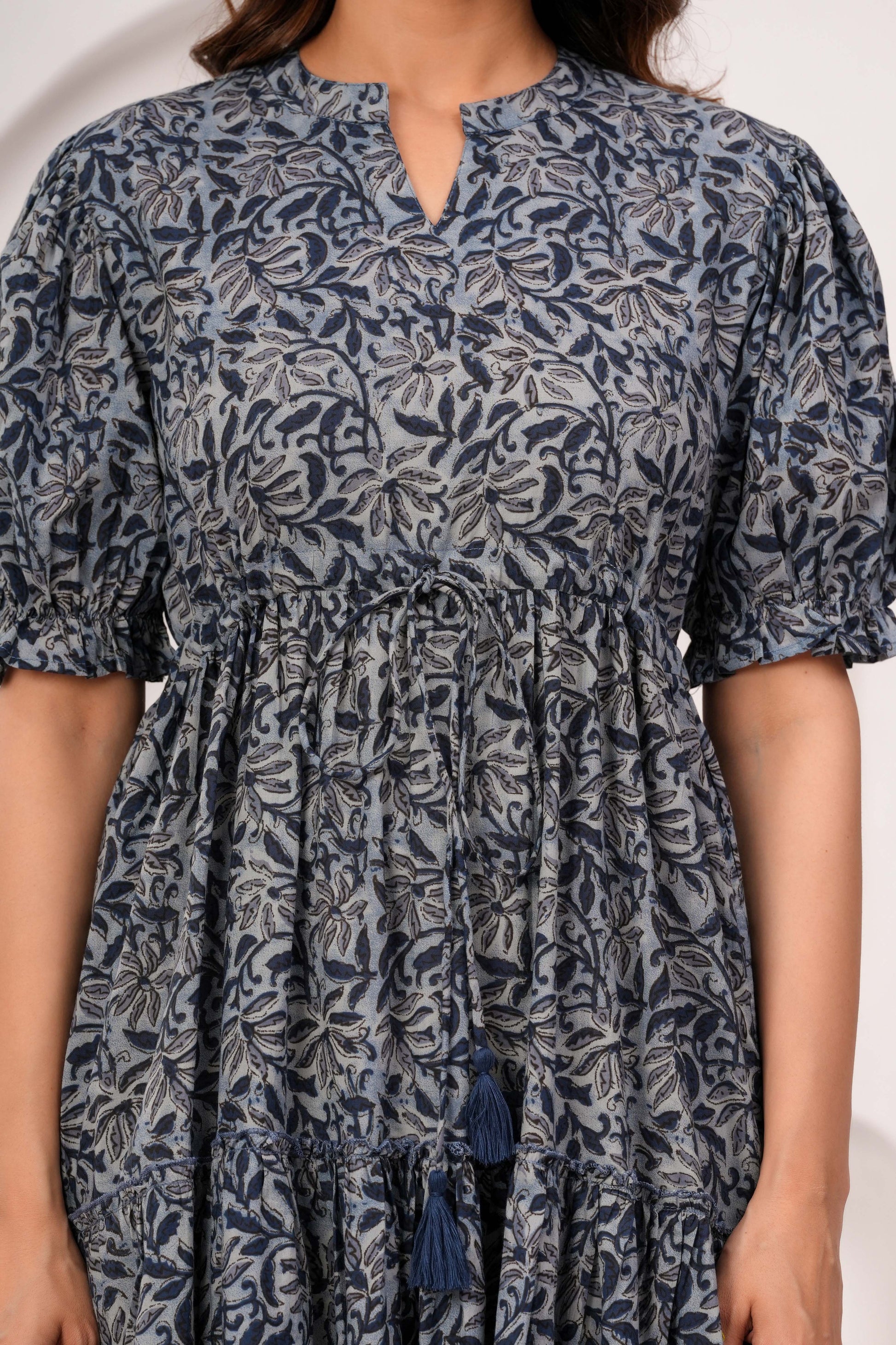 Grey Floral Printed Flared Dress for Women | LASVINI - Redefining Indian Fashion with Elegance