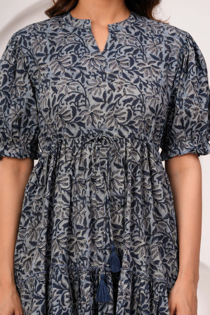 Grey Floral Printed Flared Dress for Women | LASVINI - Redefining Indian Fashion with Elegance