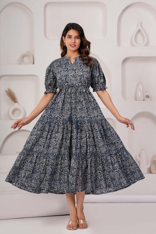 Grey Floral Printed Flared Dress for Women | LASVINI - Redefining Indian Fashion with Elegance
