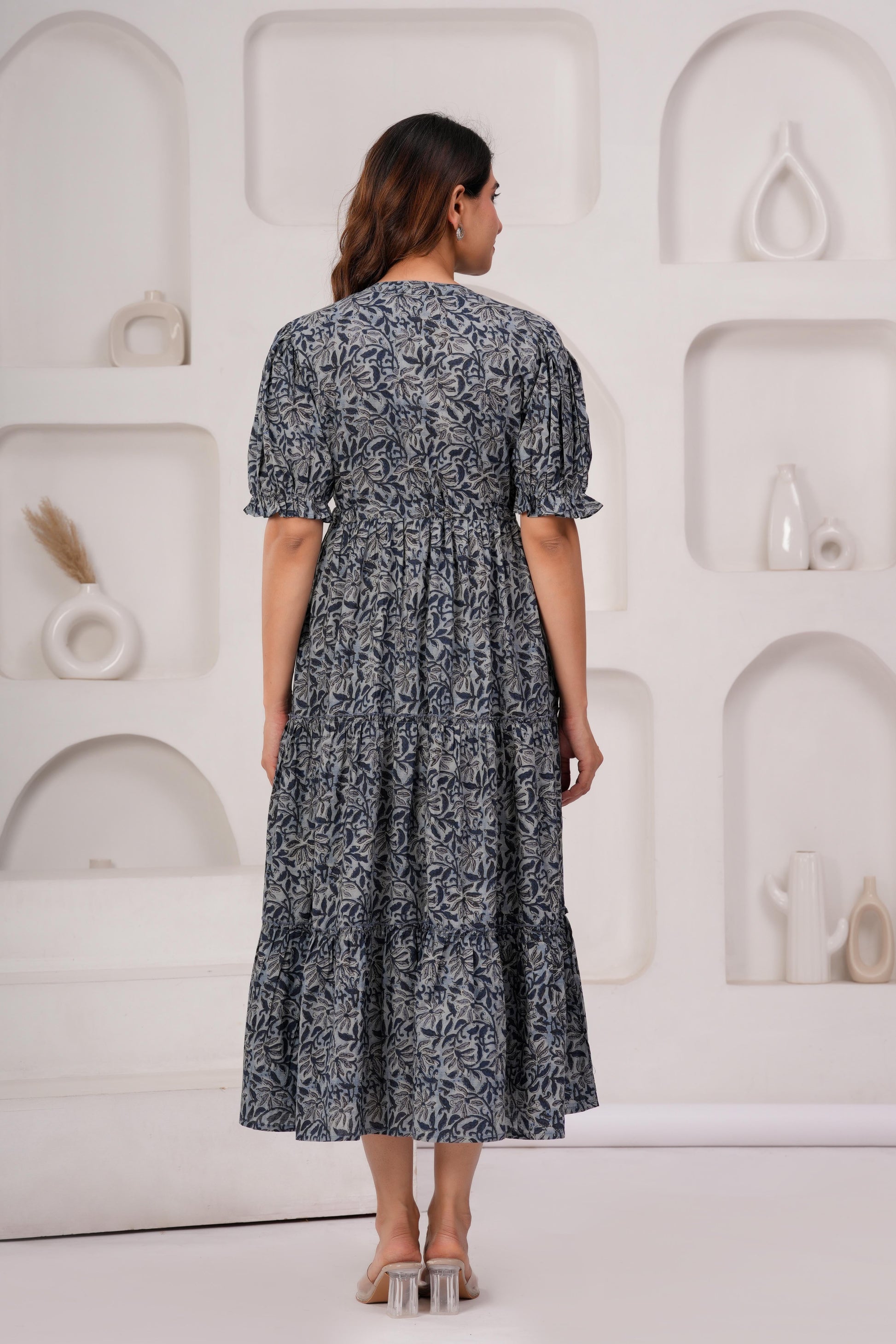 Grey Floral Printed Flared Dress for Women | LASVINI - Redefining Indian Fashion with Elegance