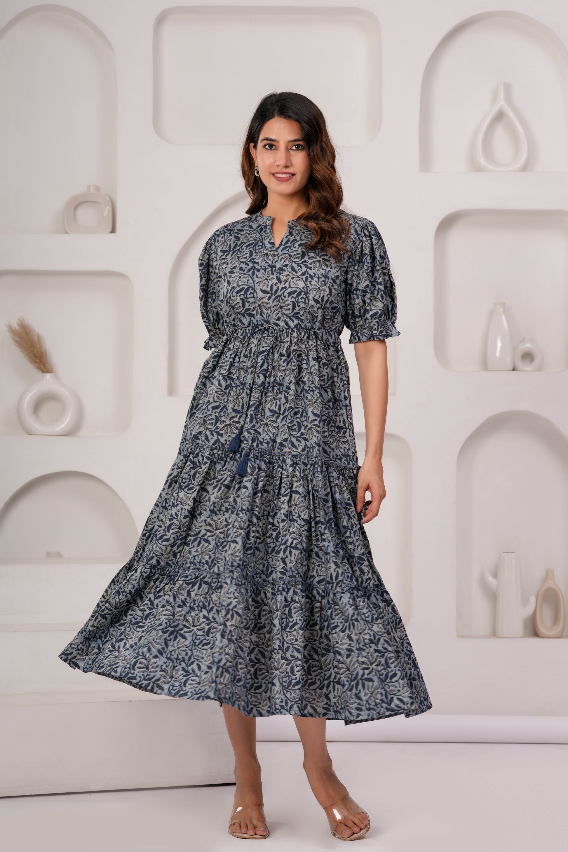 Grey Floral Printed Flared Dress for Women | LASVINI - Redefining Indian Fashion with Elegance