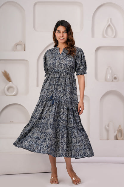 Grey Floral Printed Flared Dress for Women | LASVINI - Redefining Indian Fashion with Elegance