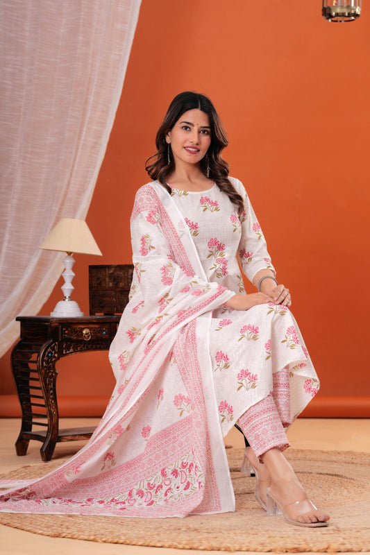 White Printed Anarkali Kurta Set With Dupatta For Women | LASVINI - Redefining Indian Fashion with Elegance