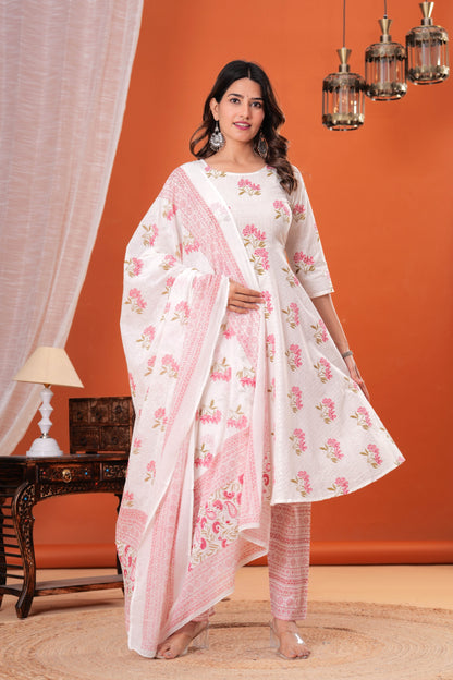 White Printed Anarkali Kurta Set With Dupatta For Women | LASVINI - Redefining Indian Fashion with Elegance
