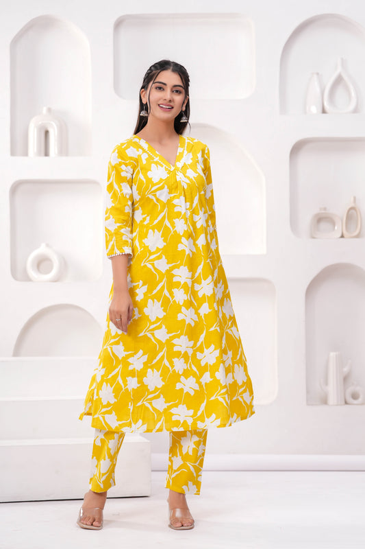 Yellow Printed Two Piece Cotton Co-ord Set for Women | LASVINI - Redefining Indian Fashion with Elegance