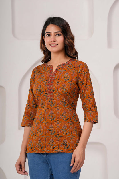 Women Mustard Printed Straight Tunic | LASVINI - Redefining Indian Fashion with Elegance