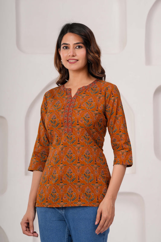 Women Mustard Printed Straight Tunic | LASVINI - Redefining Indian Fashion with Elegance
