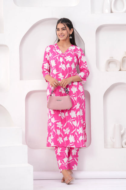 Pink Printed Two Piece Cotton Co-ord Set for Women | LASVINI - Redefining Indian Fashion with Elegance