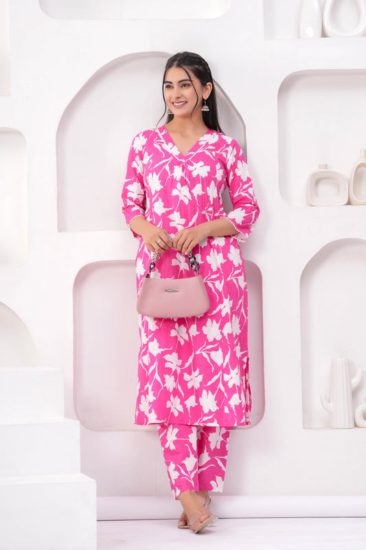 Pink Printed Two Piece Cotton Co-ord Set for Women | LASVINI - Redefining Indian Fashion with Elegance