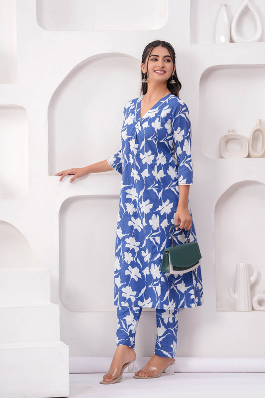 Blue Printed Two Piece Cotton Co-ord Set for Women | LASVINI - Redefining Indian Fashion with Elegance