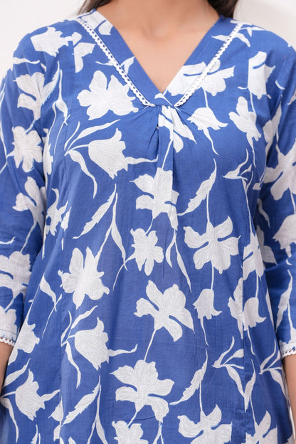 Blue Printed Two Piece Cotton Co-ord Set for Women | LASVINI - Redefining Indian Fashion with Elegance