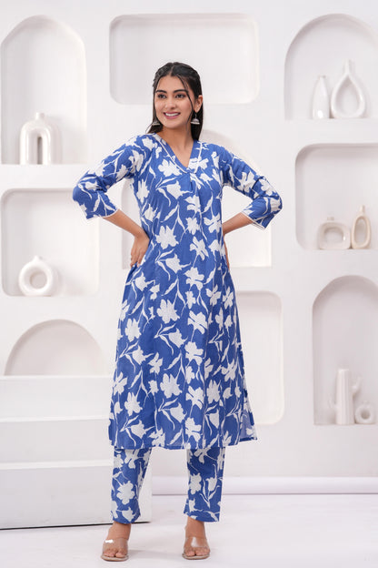 Blue Printed Two Piece Cotton Co-ord Set for Women | LASVINI - Redefining Indian Fashion with Elegance