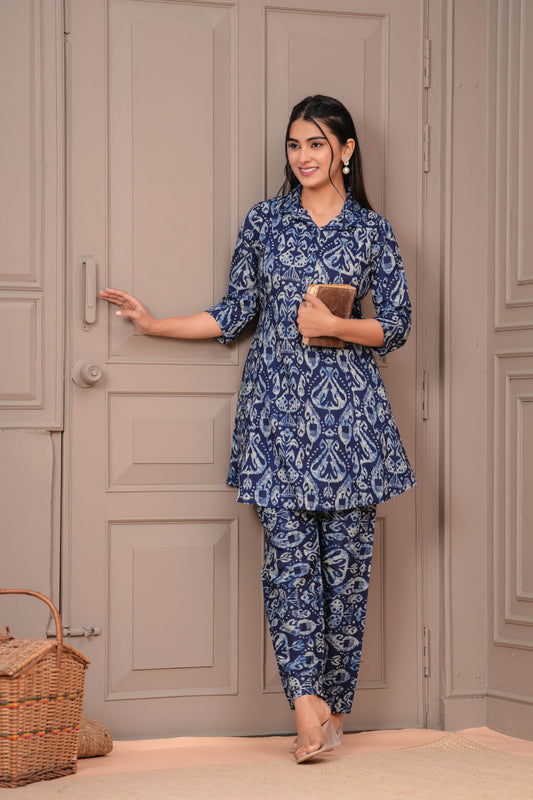 Navy Blue Printed Two Piece Cotton Co-ord Set for Women | LASVINI - Redefining Indian Fashion with Elegance
