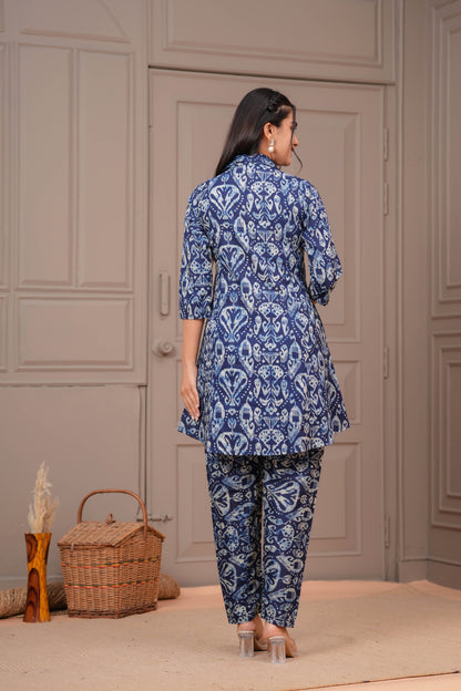 Navy Blue Printed Two Piece Cotton Co-ord Set for Women | LASVINI - Redefining Indian Fashion with Elegance