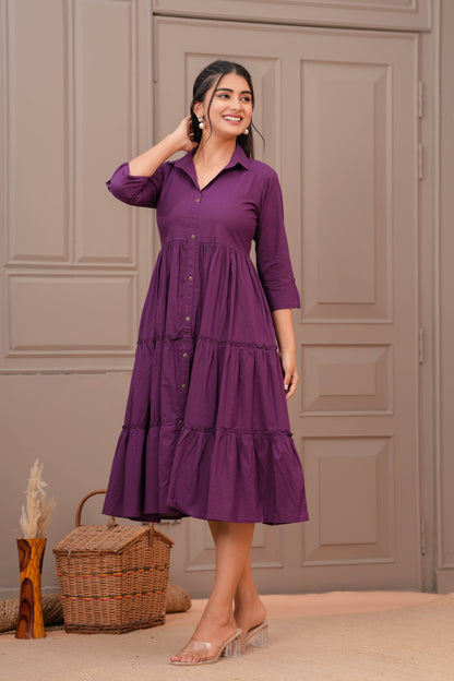 Purple Shirt Collar Casual Wear Dress for Women | LASVINI - Redefining Indian Fashion with Elegance
