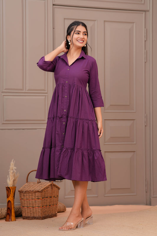 Purple Shirt Collar Casual Wear Dress for Women | LASVINI - Redefining Indian Fashion with Elegance
